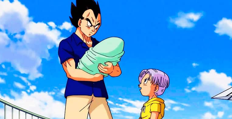 Vegeta segurando sua filha Bra no colo