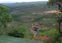 Homem Descendo em uma Tirolesa