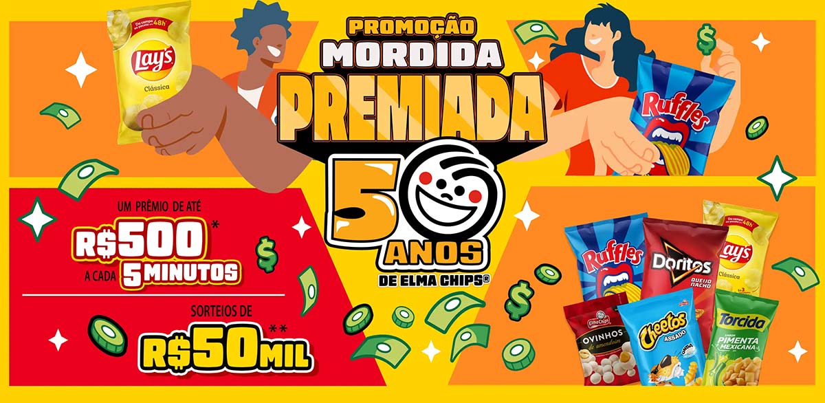 Banner da Promoção Mordida Premiada 50 anos Elma Chips