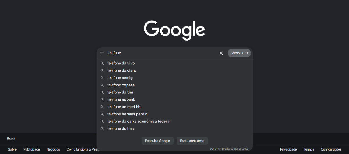 Página inicial do Google em Maio de 2026