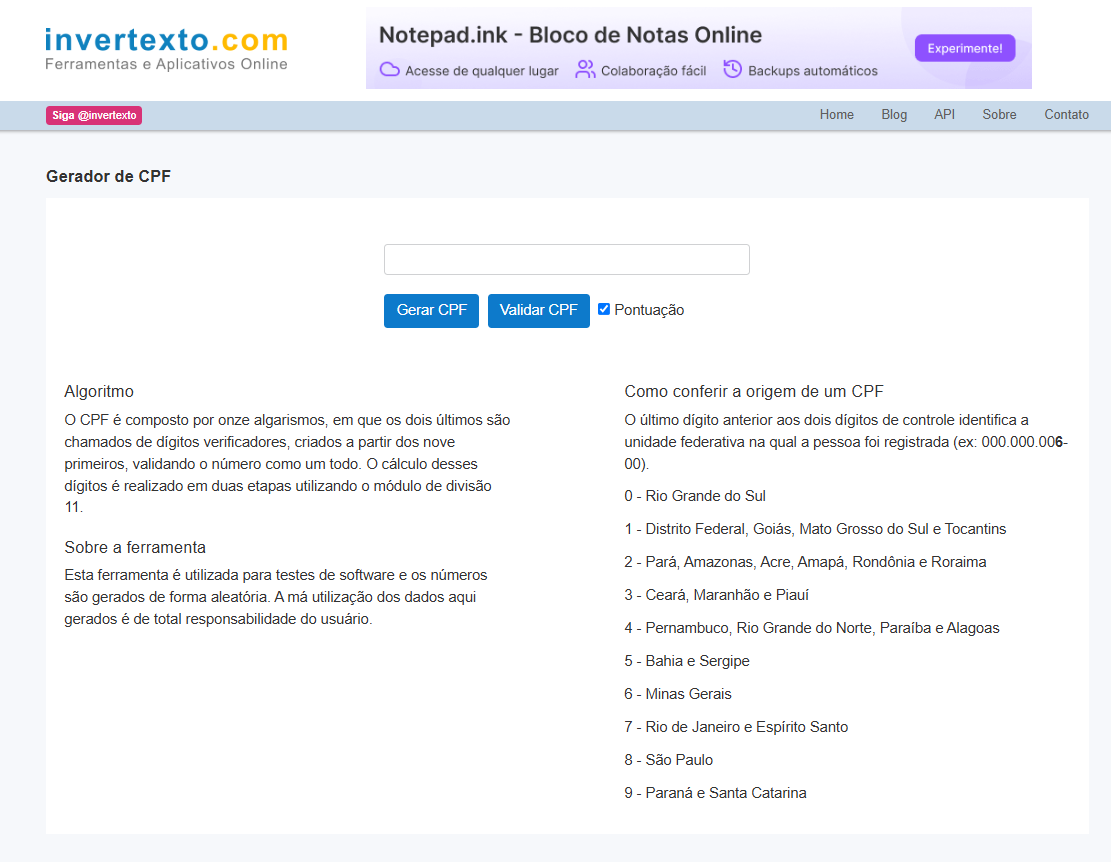 Gerador de CPF do site Invertexto